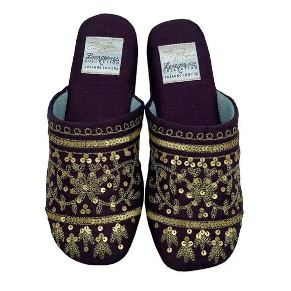 Suzanne Somers Loungewear Collection Slippers Burgundy Gold Beaded House Shoes - Picture 1 of 8